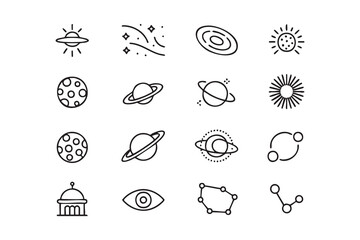 Astronomy Outline Symbol Set Featuring Saturn, Moon, Sun and Cosmic Objects © Icon Nest