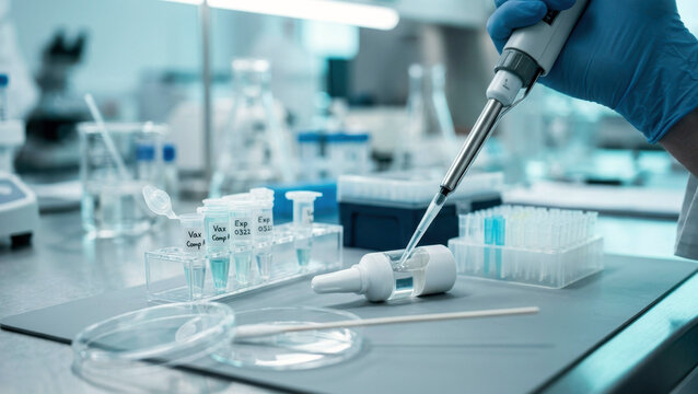 Preclinical vaccine formulation work with nasal delivery device, tubes, petri dish, and pipette on a sterile lab bench.