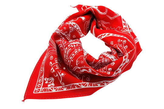 Bright red cotton bandana featuring a detailed white paisley pattern folded into a stylish neckerchief shape captured in high resolution studio lighting on white background