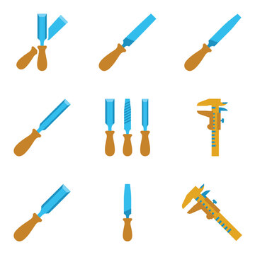 Collection of chisels and files with wooden handles, and a measuring caliper tool, isolated on white, representing craftsmanship and precision