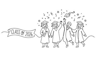 Obraz premium Continuous line of a happy group of four students in graduation gowns and caps celebrating with a banner that says of 2026 on a white background