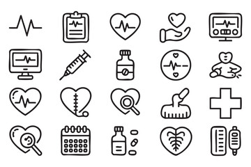 Fototapeta premium Medical Cardiology Line Icons with ECG, Heart Monitoring and Clinical Care Symbols