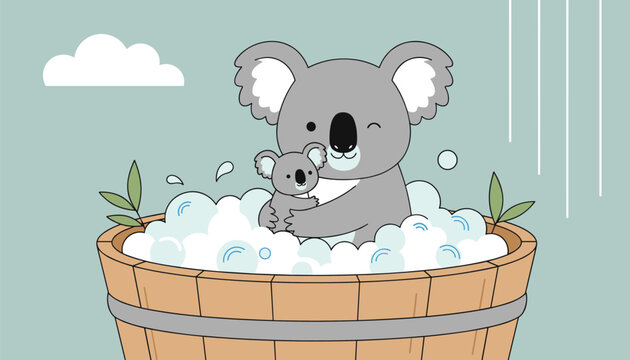 Cute mother koala and her baby sitting together in a wooden tub filled with bubbles having a fun bath time in a peaceful setting.
