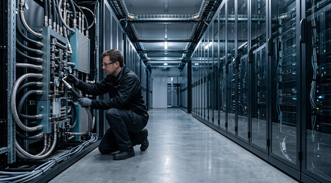 Engineer inspects rack-scale liquid cooling hardware in a modern data center with tubing, heat exchangers, and server doors.