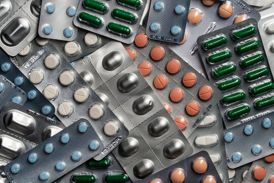 Assorted pharmaceutical pills and capsules in blister packs, close up. Various medicine blister packs filled with colorful pills, tablets and capsules, representing healthcare and pharmacy concepts