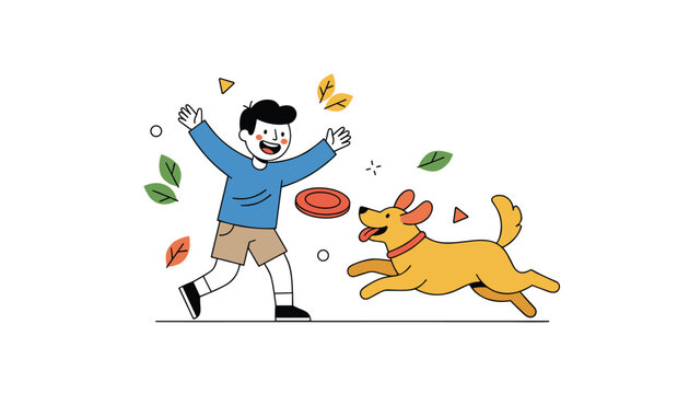 Happy boy playing with his dog in an outdoor setting, throwing a frisbee and running together amidst scattered autumn leaves.