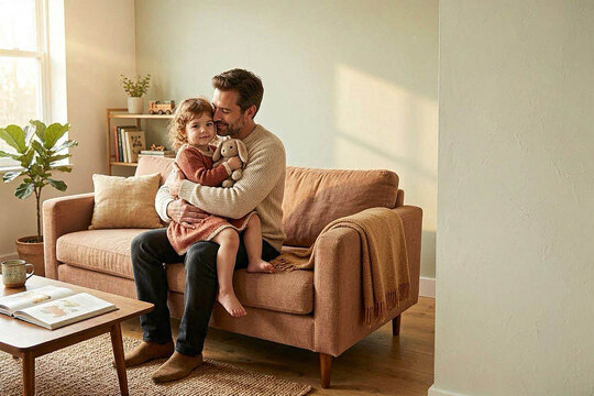 Loving Father Hugging His Little Daughter on Comfortable Sofa at Home