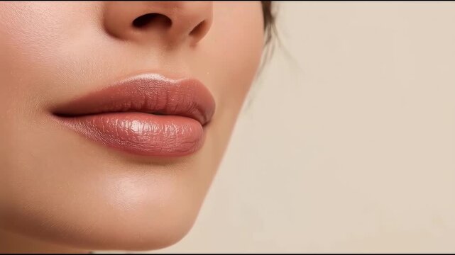 Soft glossy lips and natural lipstick on smooth skin cheek close up mouth portrait sensual