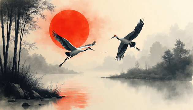 Two elegant cranes fly over calm river water at sunset time. Red sun glows behind misty forest, tall bamboo trees. Oriental ink wash style painting nature scenery with birds in air. Traditional asian