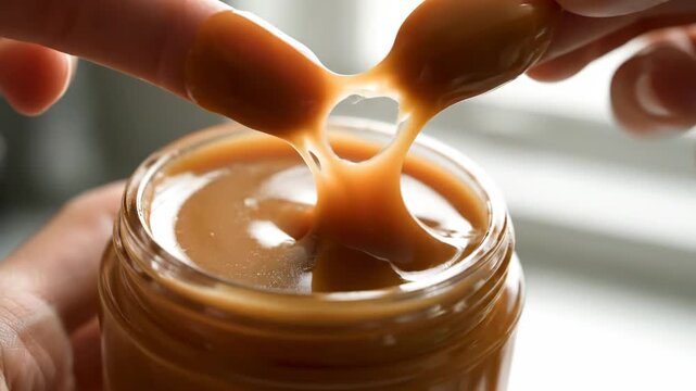 Fingers dipping into rich gooey caramel sauce in a glass jar
