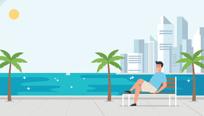 Fototapeta premium Man sitting on a bench along a coastal promenade with palm trees and a sunny city skyline reflecting a relaxing lifestyle and urban vacation vibes.