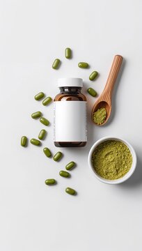 Green superfood powder with capsules and an amber glass bottle with a blank label, representing natural supplements, wellness, healthy nutrition, and product branding mockup.