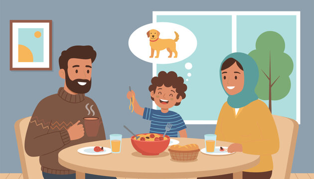 Family of three having breakfast at a dining table with a thought bubble of a golden retriever dog showing their desire for a pet.