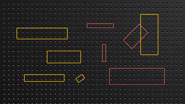 Abstract geometric rectangles and lines arranged on a dark digital grid background pattern