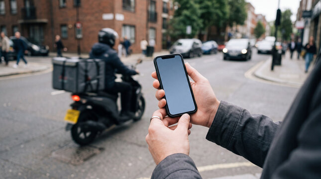 A person holding a smartphone on a bustling street with a delivery scooter passing by and pedestrians in the background