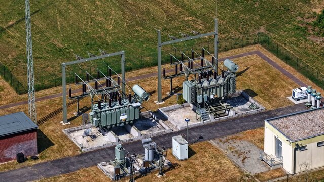 Aerial View of Electrical Substation Transformers
