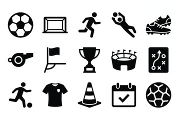 Set of soccer and football icons, including ball, goal, player, goalkeeper, cleats, whistle, corner flag, trophy, stadium, tactics © ABULKALAM