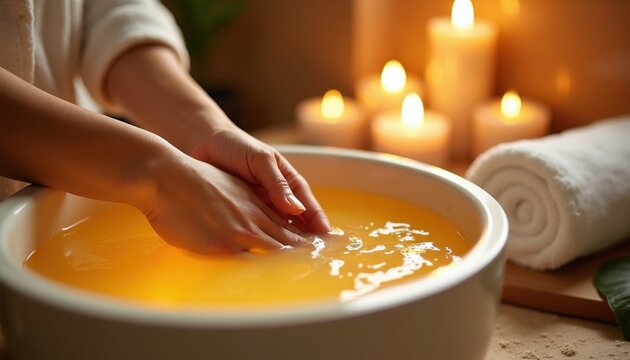 Woman dips hands into warm golden liquid paraffin wax in spa salon. Female enjoys relaxing hand beauty treatment with melted paraffin bath for skin moisture. Pro wellness procedure includes glowing