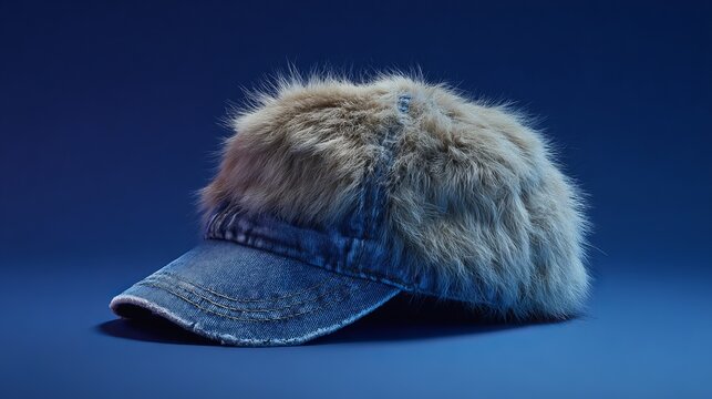 Stylish denim newsboy cap with fluffy faux fur brim, a trendy accessory for autumn and winter fashion, showcasing unique texture
