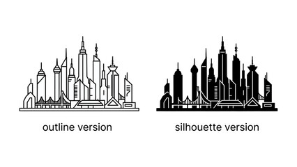 Urban Panorama: A striking graphic representation of a modern city skyline, presented in both outline and silhouette versions, showcasing architectural diversity and urban dynamism. © has