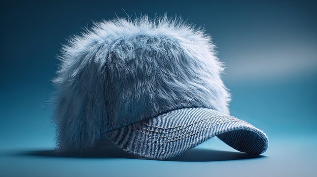 A stylish faux fur baseball cap sits prominently against a blurred blue background, showcasing winter fashion and cozy textures.