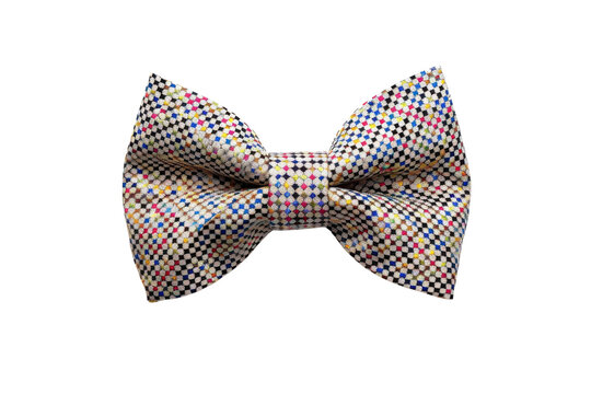 Elegant colorful checkered bow tie featuring a vibrant mosaic pattern made with tiny squares for formal gentleman fashion accessories isolated against a plain clean on white background