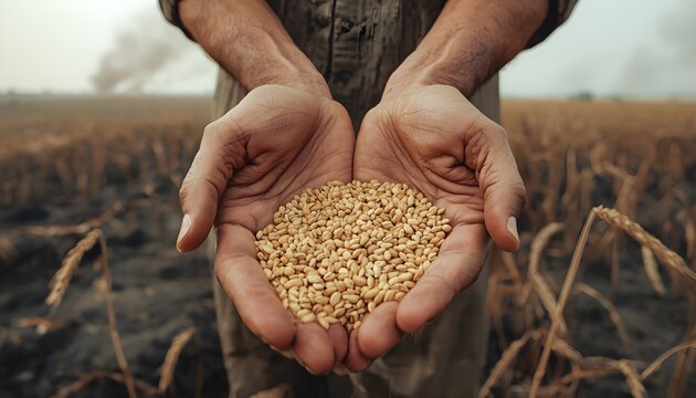 Farmer's weathered hands holding wheat grains above a burned field, symbolizing drought, crop failure, food insecurity, poverty, resilience, hope, climate change, and the fragile future of agriculture