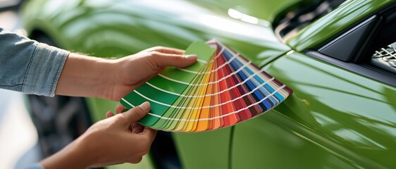 Obraz premium Auto customization moment technician holds a rainbow color swatch fan against a glossy green car panel, choosing the perfect shade. Ideal for automotive, paint, repair, and personalization.