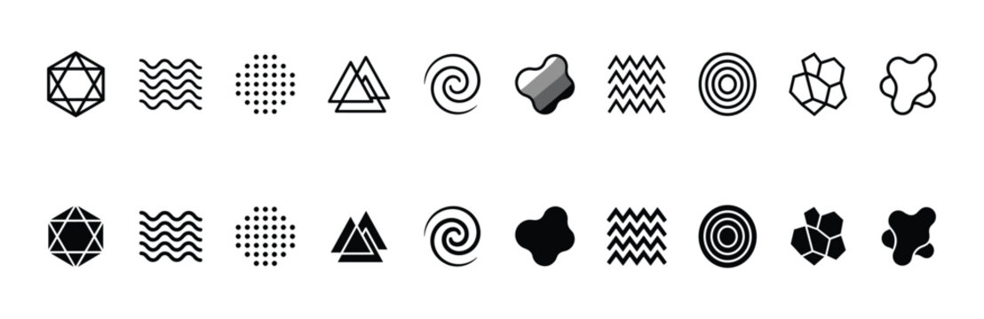 Abstract Geometric Shapes Icon Set with Polygon, Spiral, Blob and Wavy Lines &ndash; Line and Filled Vector Design Elements for Modern Graphics