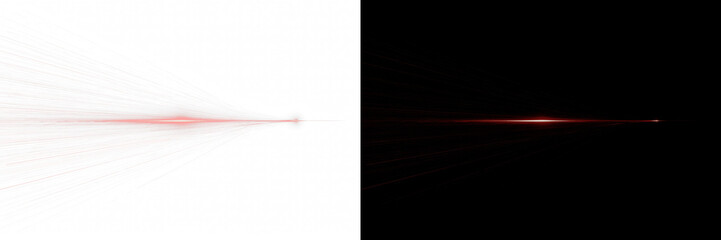 Obraz premium Abstract red light speed effect with glowing horizontal motion lines. Digital flare, lens streak and velocity rays on white background for futuristic tech motion graphics, branding