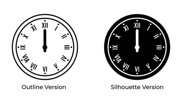 Clock Face Comparison: A graphic displaying two clock faces, one outlined and the other a silhouette, both featuring Roman numerals and showing 12:00.
