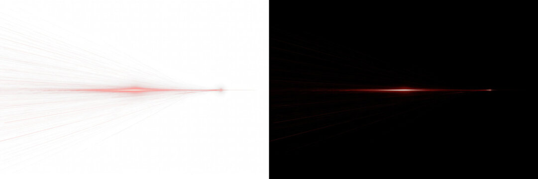 Abstract red light speed effect with glowing horizontal motion lines. Digital flare, lens streak and velocity rays on white background for futuristic tech motion graphics, branding