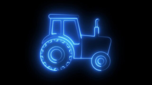 Glowing neon Farm tractor icon isolated on black background. Farming and Agriculture Equipment Symbol. 4k video animation.