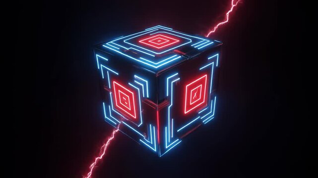 Cinematic 3D animation of a high-tech AI cube illuminated by vibrant neon circuits