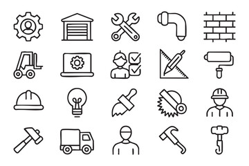 Fototapeta premium Industrial Maintenance Outline Icons with Technicians, Tools and Machinery