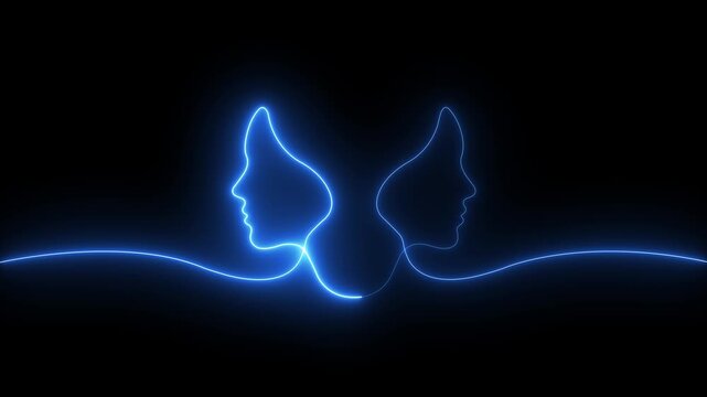 glowing neon Continuous line of two human profiles faces in opposite directions icon isolated on black background. representing duality and mental health. 4k video animation.
