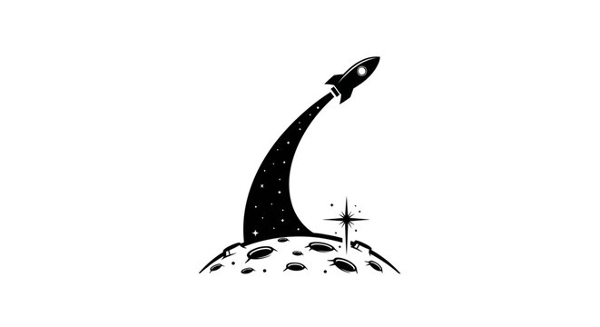 Rocket launching from moon surface into space logo.