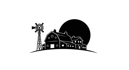 Rural farm silhouette with barn and windmill at sunset. © Bimo