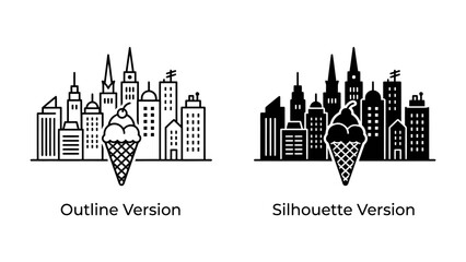 Fototapeta premium Cityscape with Ice Cream Cone: Two stylistic representations of a cityscape, one in outline and the other in silhouette, featuring a prominent ice cream cone in the foreground.