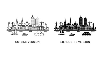 Cityscape Duo: A striking comparison of a detailed city skyline presented in both outline and silhouette versions, featuring architectural elements and boats on the water. © abu