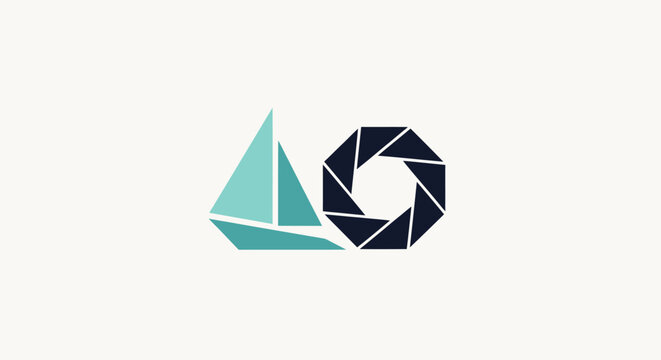 Sailboat and camera shutter aperture combined logo icon.