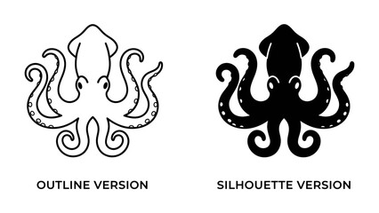 Octopus Illustration Set: A striking graphic featuring both the outline and silhouette of an octopus, showcasing its unique tentacles and marine form in clear, contrasting styles. © BD