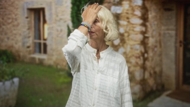 Woman raises hand to forehead shielding eyes, wearing white shirt, standing before a stone building courtyard; quiet contemplation.