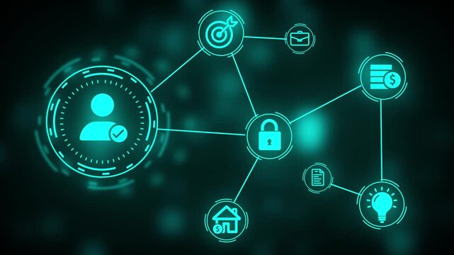 Digital identity verification network with secure user authentication, business workflow, cloud connectivity, cybersecurity, enterprise management seamless loop animation