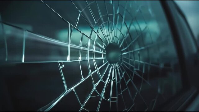 Shattered car window radial crack pattern moody teal lighting cinematic atmosphere tension