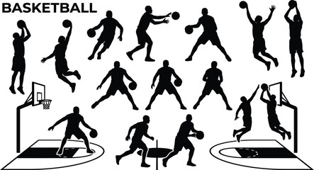 Black silhouettes of basketball players in various actions © SH Stock