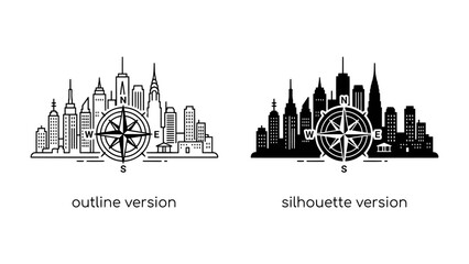 Obraz premium Cityscape with Compass: A graphic representation of a cityscape presented in both outline and silhouette versions, overlaid with a compass rose, symbolizing exploration and urban navigation.