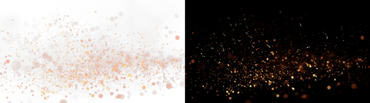 Abstract orange fire sparks and glowing embers overlay, floating particles with soft bokeh effect. Dynamic light explosion background for festive celebration, graphic design and
