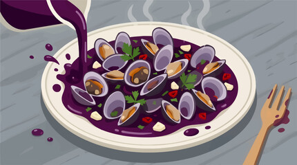 Steamed Cockles in Glossy Deep Purple Wine Sauce Poured onto Plate, Flat Vector Illustration of Seafood Dish with Garlic and Parsley, High Angle View of Gourmet Meal on Wooden Table Surface © Dedi