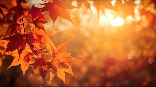 Golden autumn maple leaf sunset glow with warm orange bokeh and gentle golden light